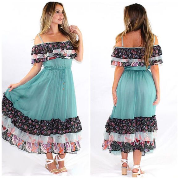 NWT Latiste By Amy Free Spirit Flowy Deep Sage Tiered Midi Dress Size S - Picture 1 of 14